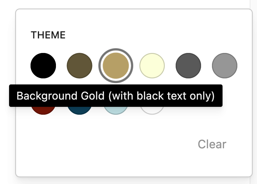 WordPress color picker, highlighting new label "Background Gold (with black text only)"